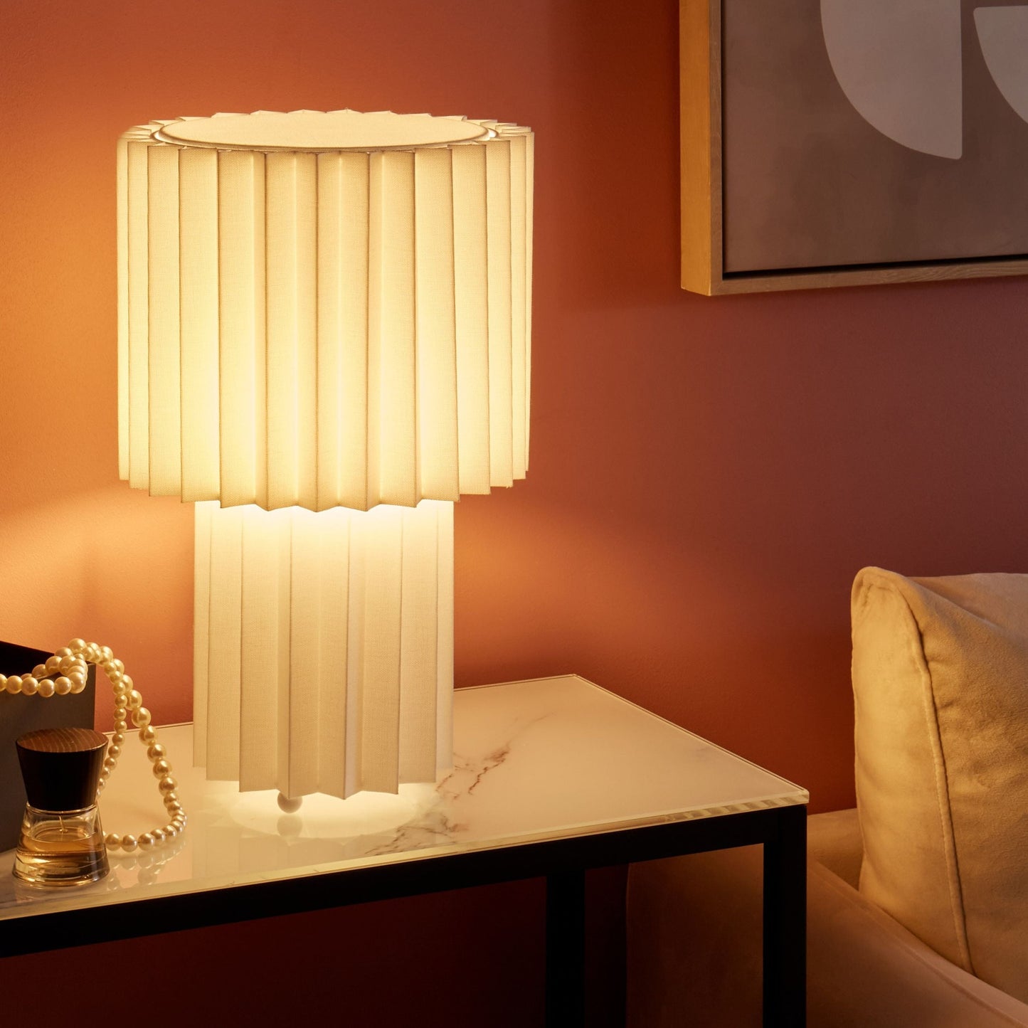 Bedside Lamp White Linen Base Fabric Drum Shade 40cm