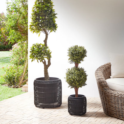 Black PE Rattan Plant Pots Set Of 2 With Plastic Inserts