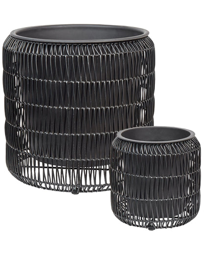 Black PE Rattan Plant Pots Set Of 2 With Plastic Inserts