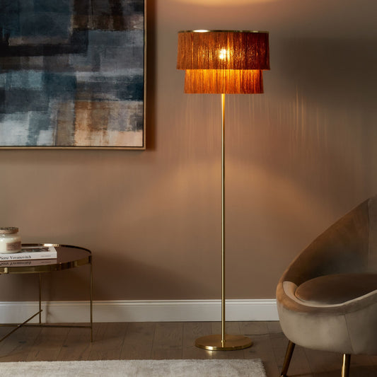Floor Lamp Brown Gold Linen Shade 137cm Tassel Base