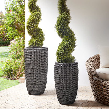 Black PE Rattan Plant Pots Set Of 2 Indoor Outdoor