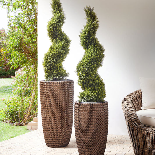 Brown PE Rattan Plant Pots Set Of 2 With Plastic Insert
