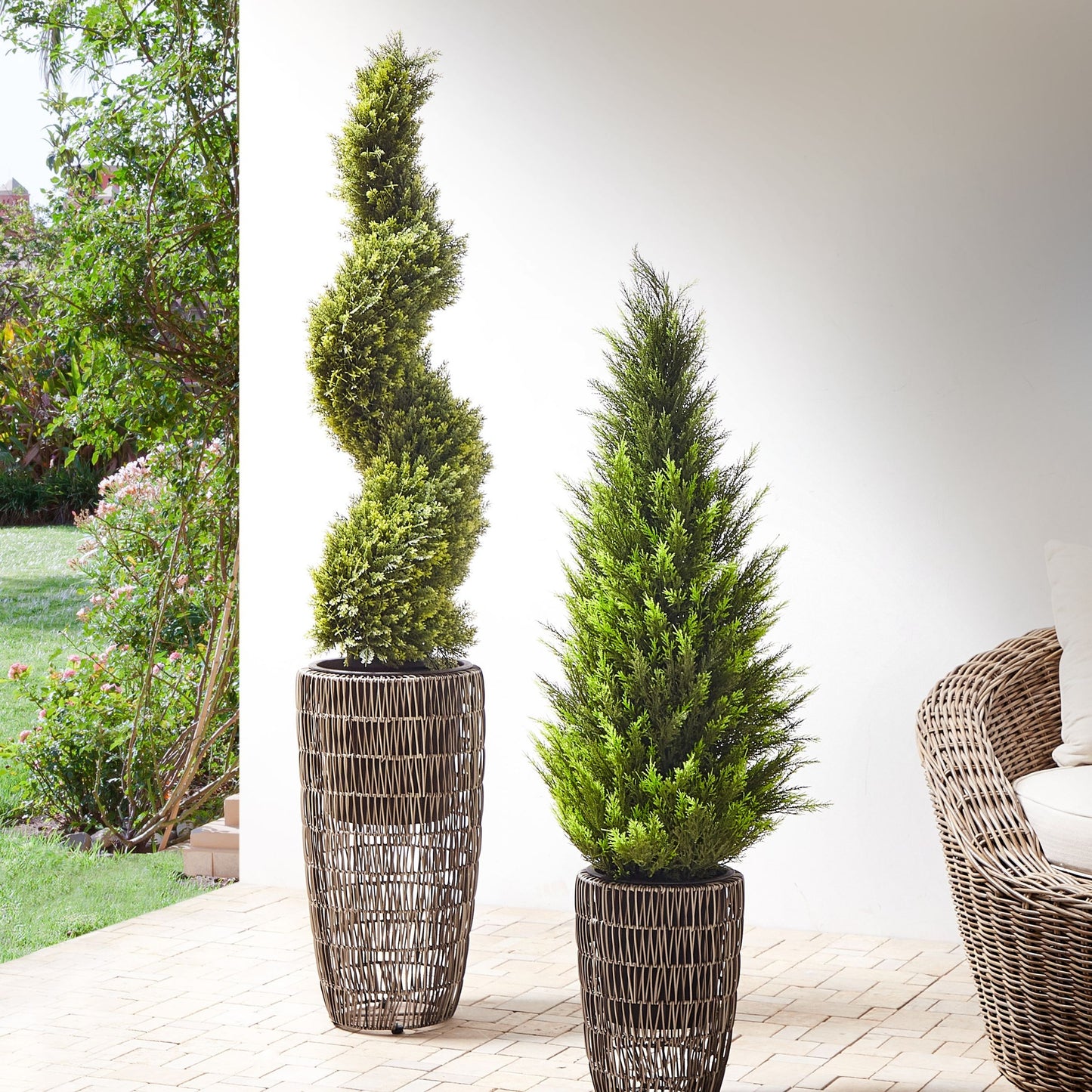 Brown Two Pack PE Rattan Plant Pots With Plastic Inserts