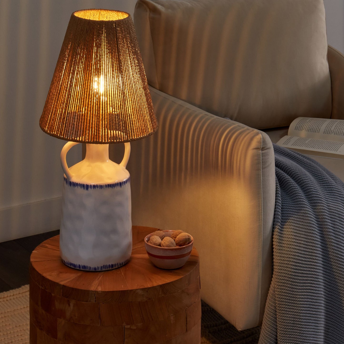 Table Lamp White Ceramic Natural Wicker Shade