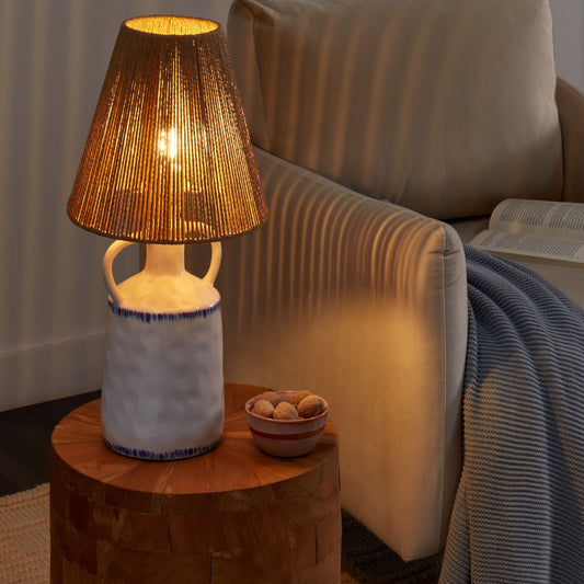Table Lamp White Ceramic Natural Wicker Shade