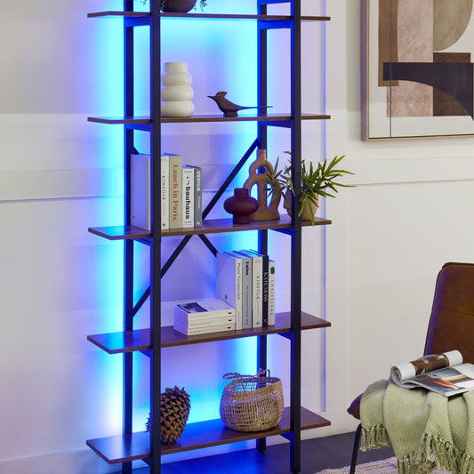 Dark Brown Black Bookcase 5-Tier Open Back Industrial LED