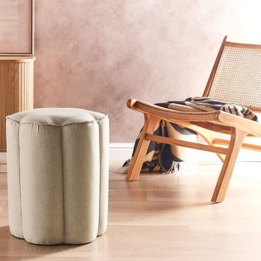 Linen Pouffe Round 39 By 34 By 45cm Beige Footstool For Modern Living Room