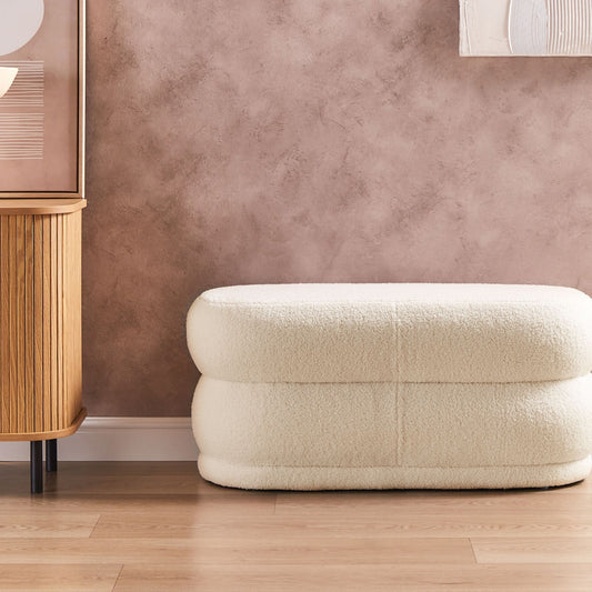 Home Off White Boucle Upholstered Bed Bench Stool With Plush Comfort And Versatile Footrest