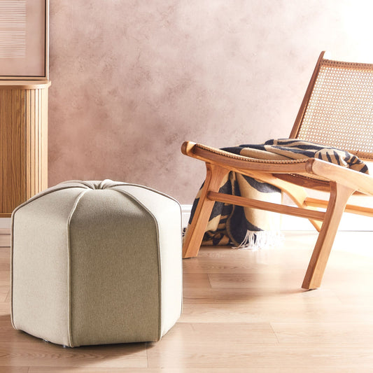 Beige Linen Pouffe Round 45cm Footstool