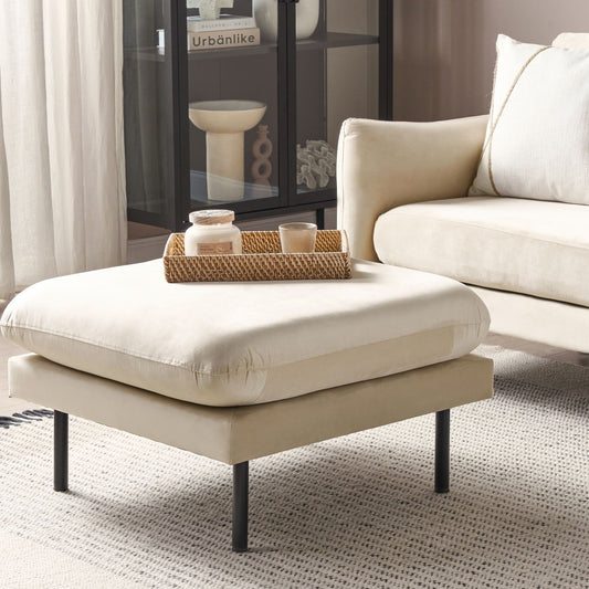 Home Pillow Top Velvet Footstool Ottoman in Light Beige with Sturdy Metal Legs