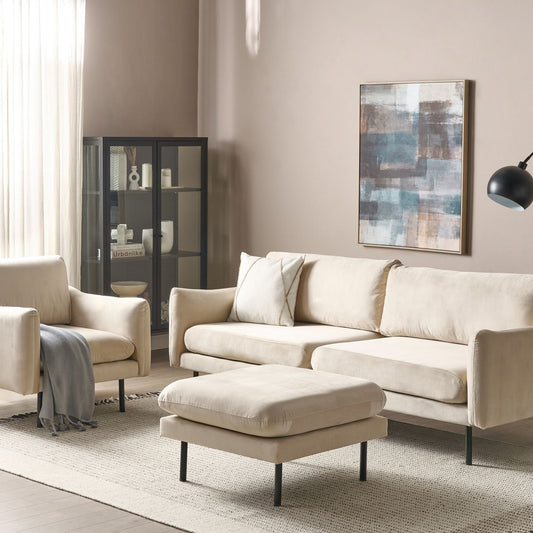 Living Room Set with Ottoman Beige Velvet Black Legs