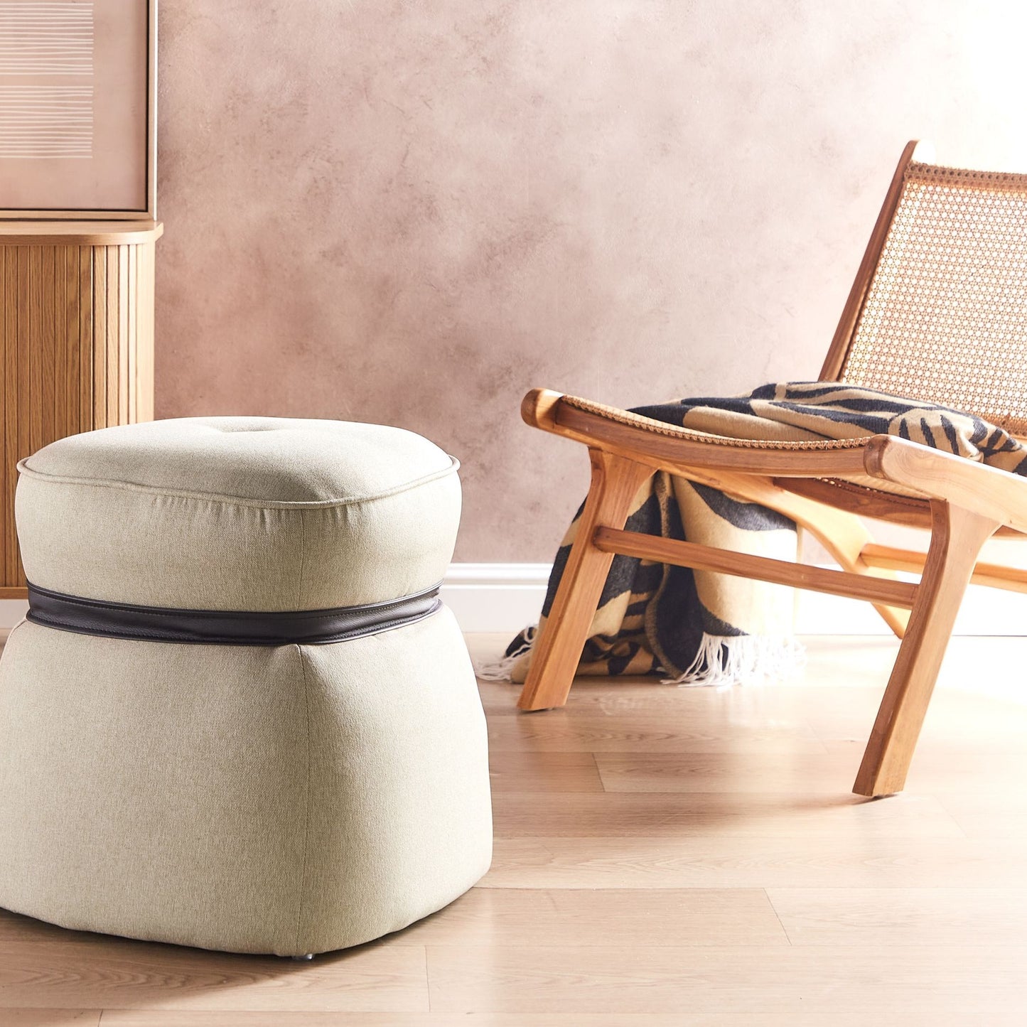 Living Beige Linen Round Pouffe 45cm Footstool