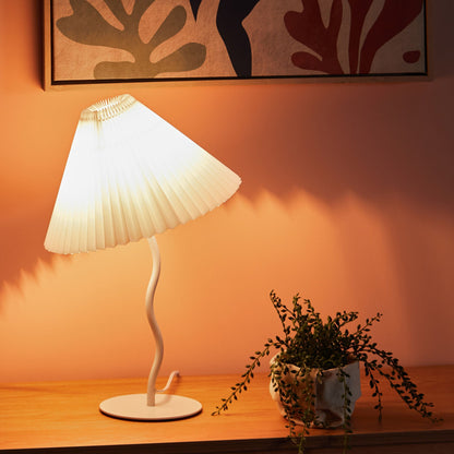 Table Lamp White Metal Base Synthetic Pleated Shade Modern Minimalist Design Suitable For Living Room And Bedroom