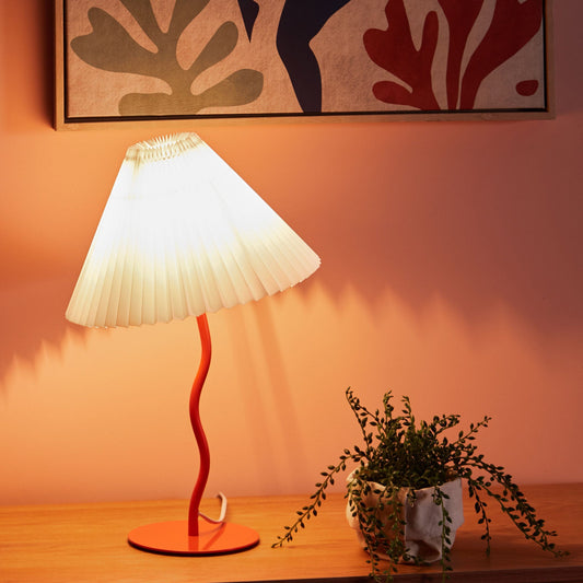 Table Lamp Orange Metal Base Pleated Shade Modern