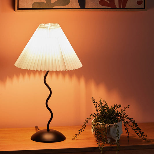 Vintage Table Lamp Black Metal Base White Pleated Shade