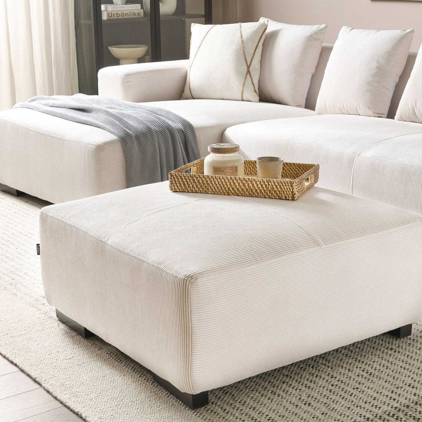 Off White Jumbo Corduroy Ottoman 80 x 80 x 35cm Square For Modern Living Room