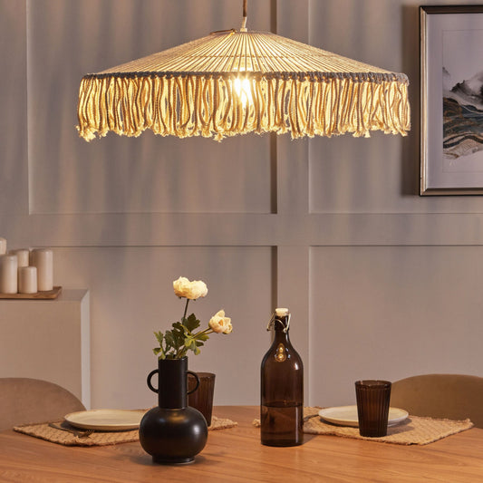 Handcrafted Pendant Lamp White Tassel Hand Woven Paper Rope Bohemian Ceiling Light