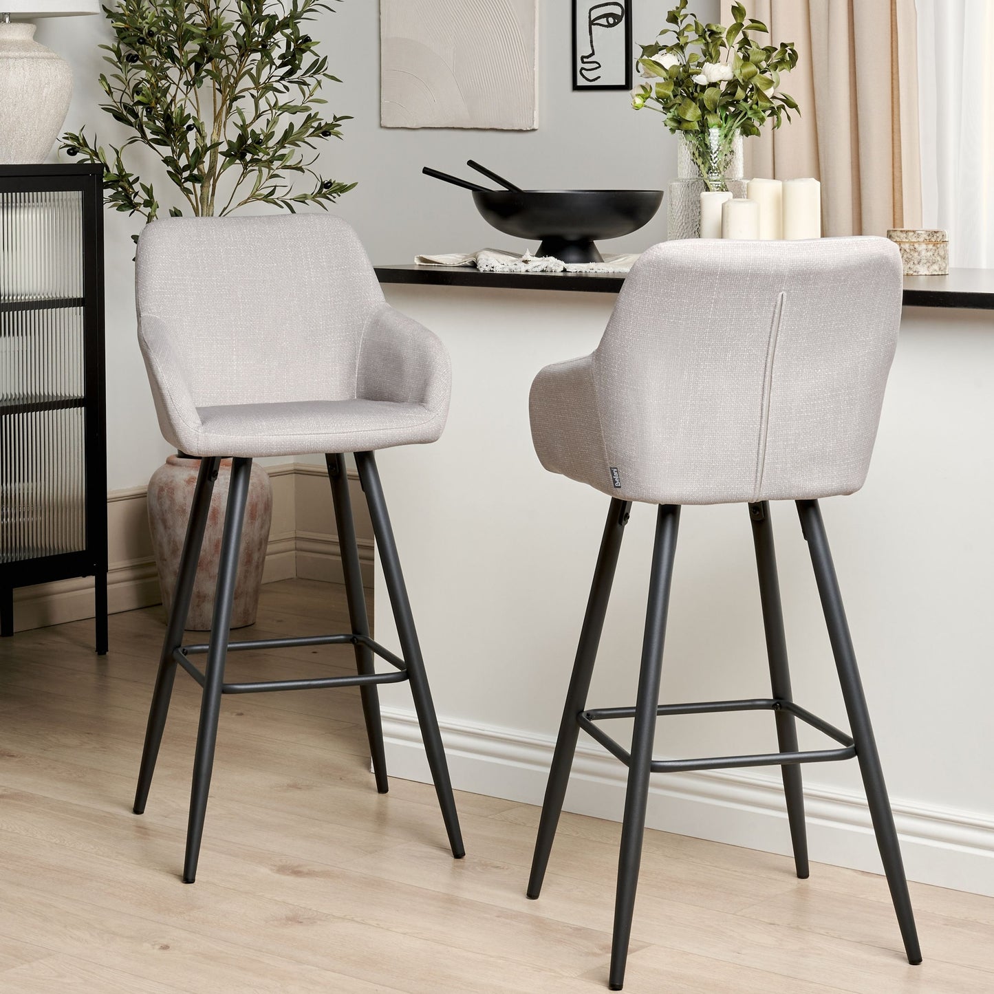 Home Velvet Bar Stool Set 2 Taupe With Arms Black Metal Legs