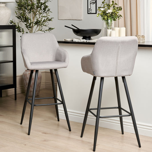 Home Velvet Bar Stool Set 2 Taupe With Arms Black Metal Legs