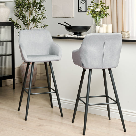 Velvet Bar Stool Set Of 2 With Arms Backrest Light Grey