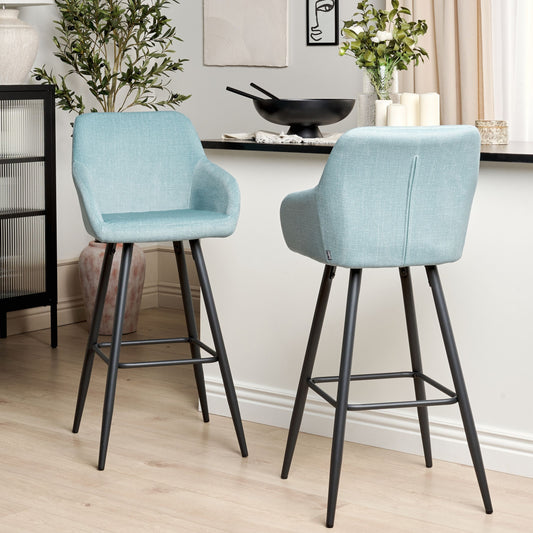 Set of 2 Light Blue Velvet Bar Stools With Arms, Backrest, Premium Upholstery, Black Metal Legs