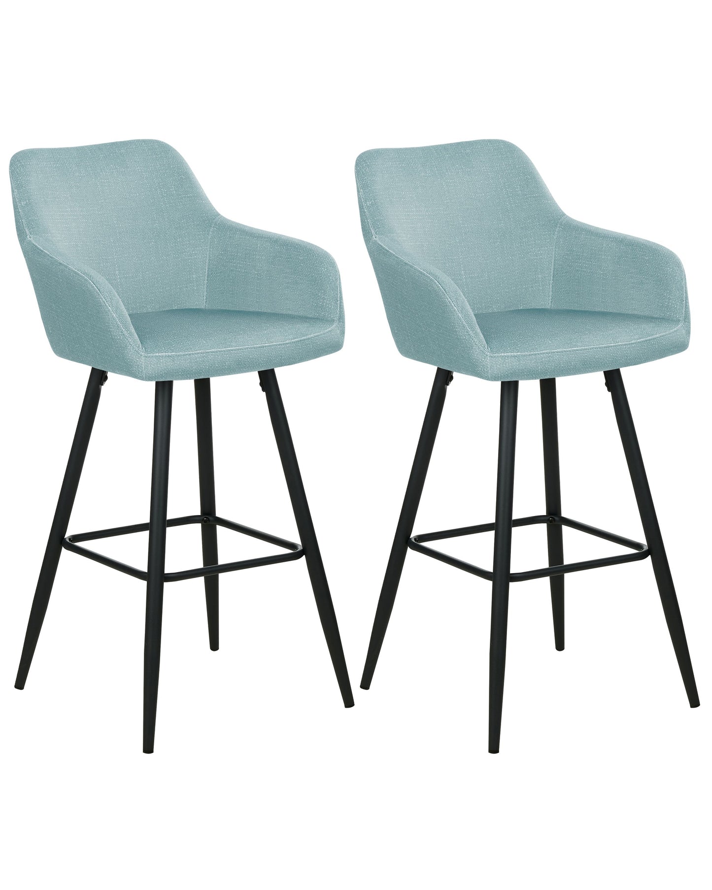 Set of 2 Light Blue Velvet Bar Stools With Arms, Backrest, Premium Upholstery, Black Metal Legs