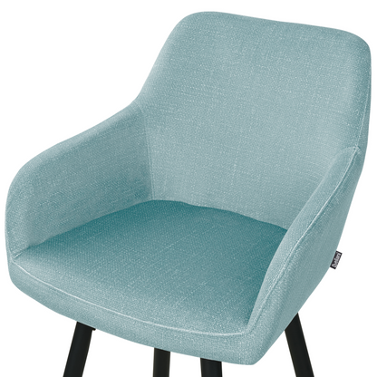 Set of 2 Light Blue Velvet Bar Stools With Arms, Backrest, Premium Upholstery, Black Metal Legs