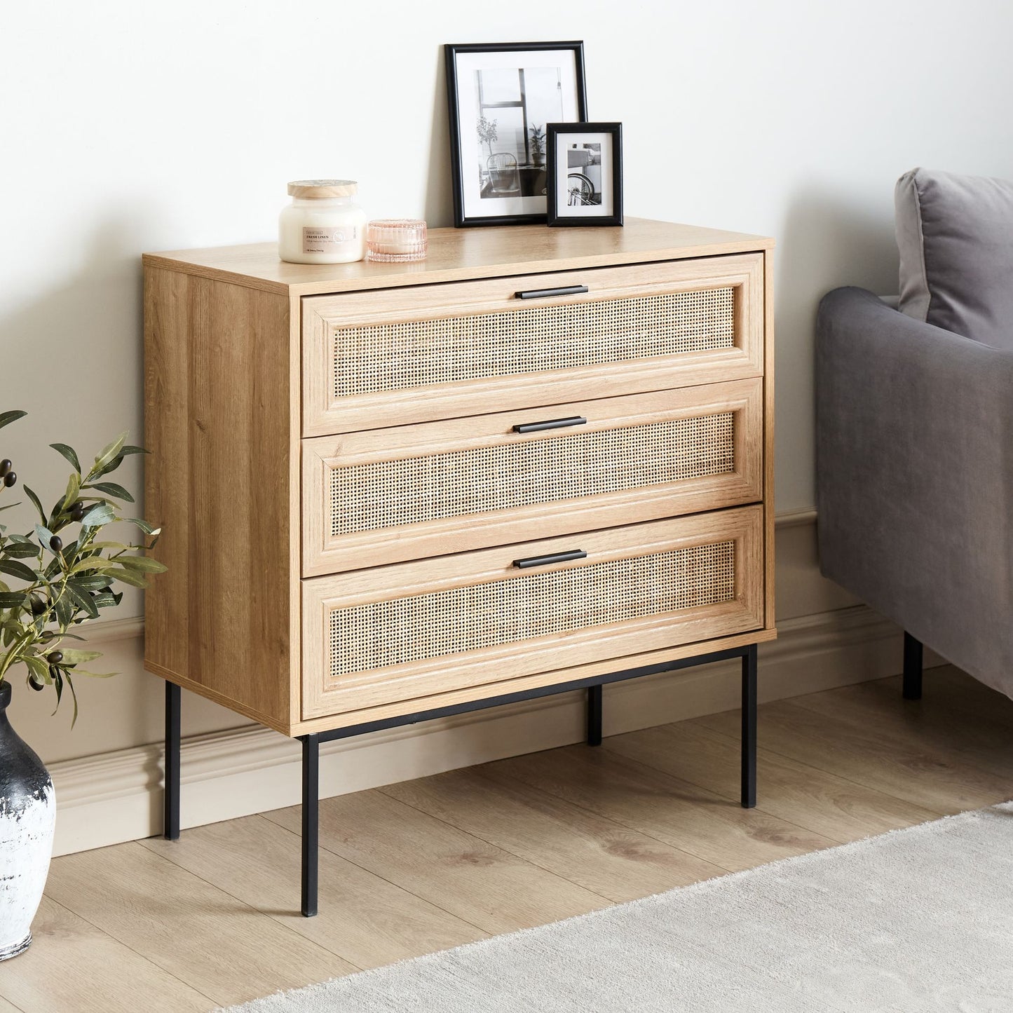 Rattan Chest Of Drawers 3 Drawers Black Frame