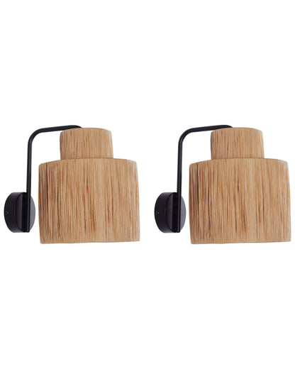 Boho Raffia Wall Lamps Set Of 2 Handmade Palm Leaf Shades