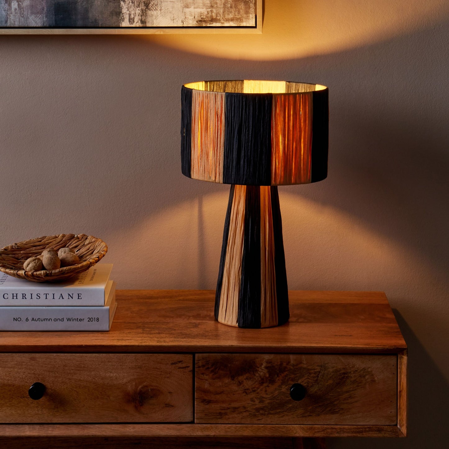 Raffia Palm Table Lamp Natural Black Two Tone Handmade
