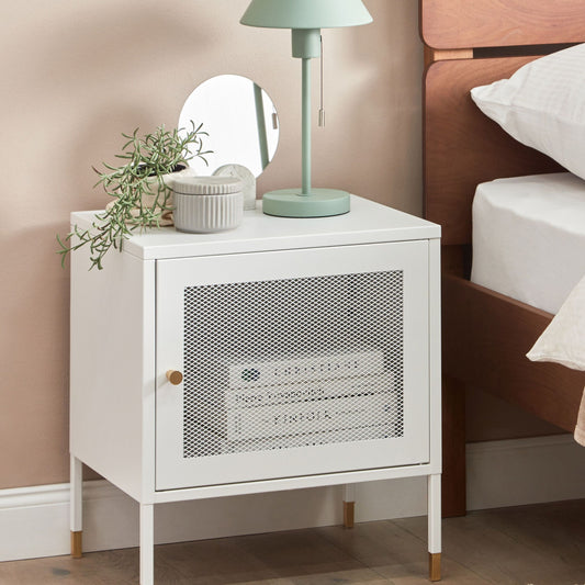 Bedside Table White Steel Powder Coated Mesh Door Nightstand