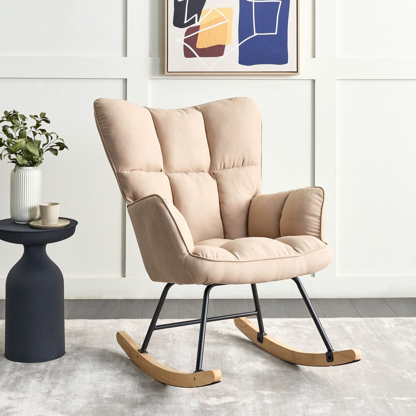 Rocking Chair Beige Polyester Upholstery With Biscuit Tufting And Wooden Skates Modern