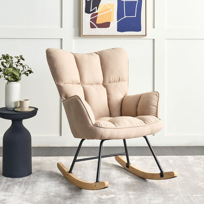 Rocking Chair Beige Polyester Upholstery With Biscuit Tufting And Wooden Skates Modern