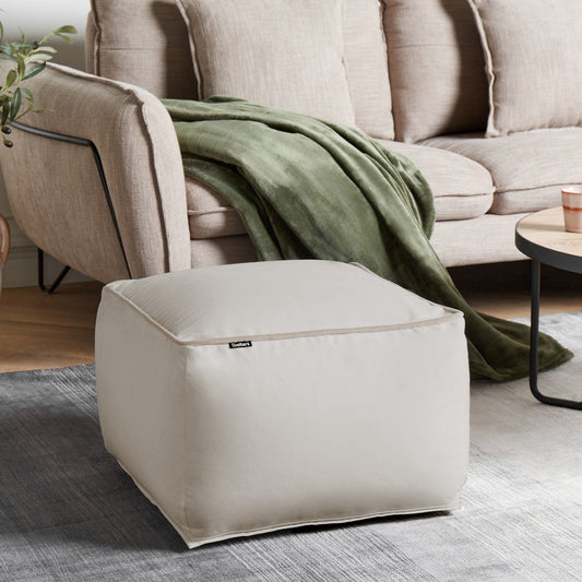 Pouffe Light Beige Velvet EPS Beads Filling Solid Pattern Square Footstool