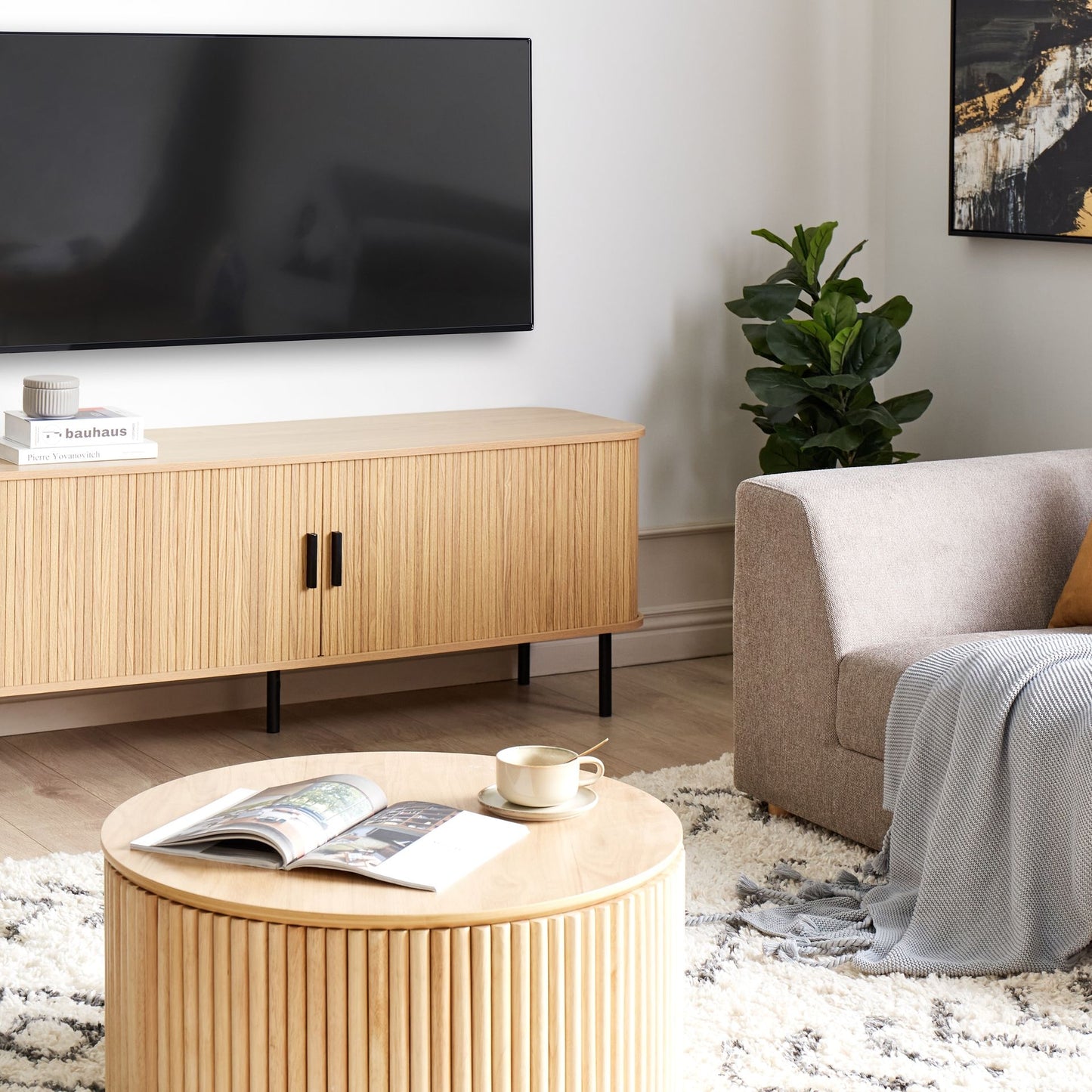 Brand TV Stand 70Inch With Light Brown Legs And Sliding Doors