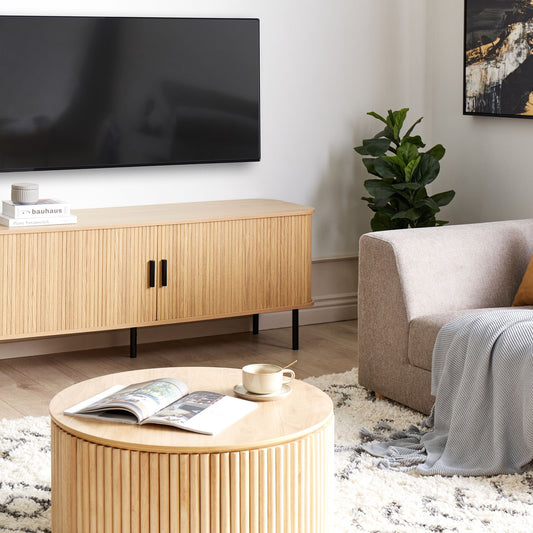Brand TV Stand 70Inch With Light Brown Legs And Sliding Doors