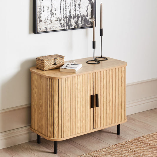 LuxoSide Retro Sideboard With Sliding Doors Light Brown Black Legs