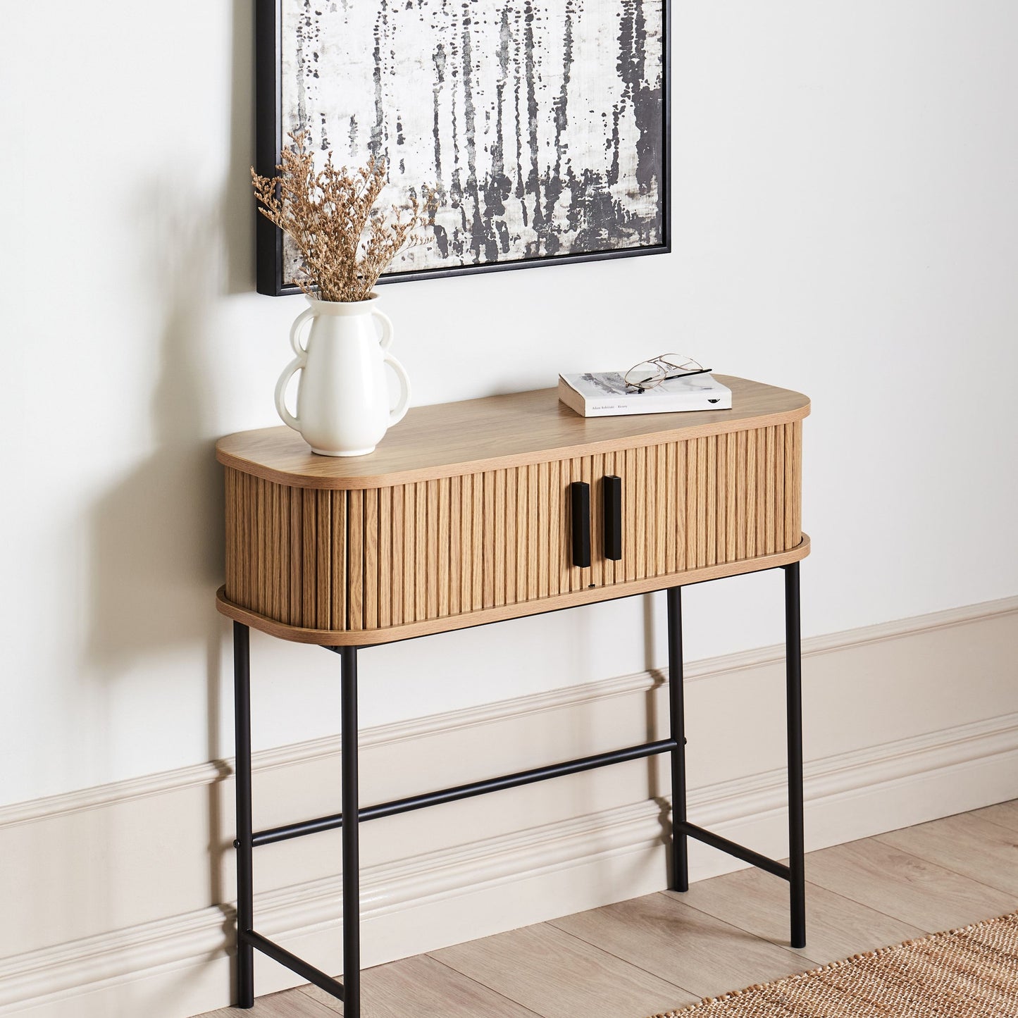 NovaHome Console Table Light Brown With Black Metal Legs 80x30 cm