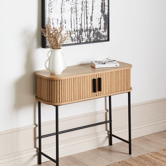 NovaHome Console Table Light Brown With Black Metal Legs 80x30 cm