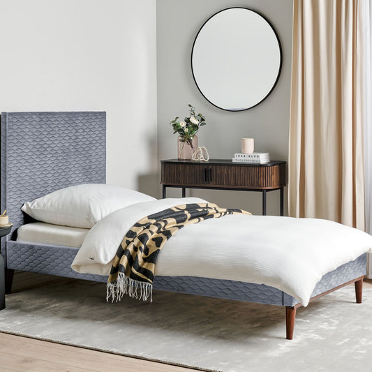 EU Single Bed 3ft Grey Velvet Headboard Honeycomb Quilted