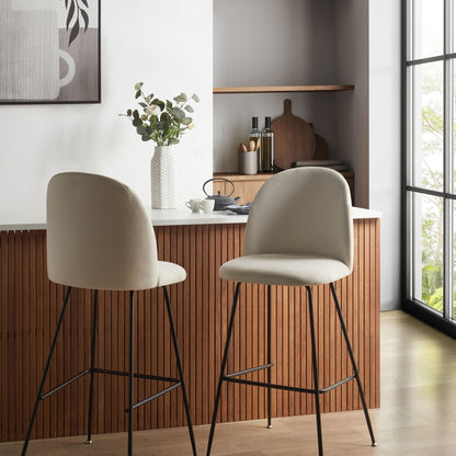 Design Velvet Bar Chairs Set Of 2 Off White Cream Upholstery Black Steel Frame Counter Height