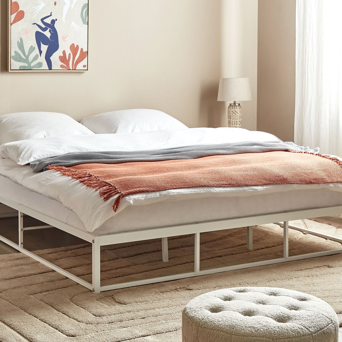 Bed Frame White Metal EU Super King Inbuilt Slats
