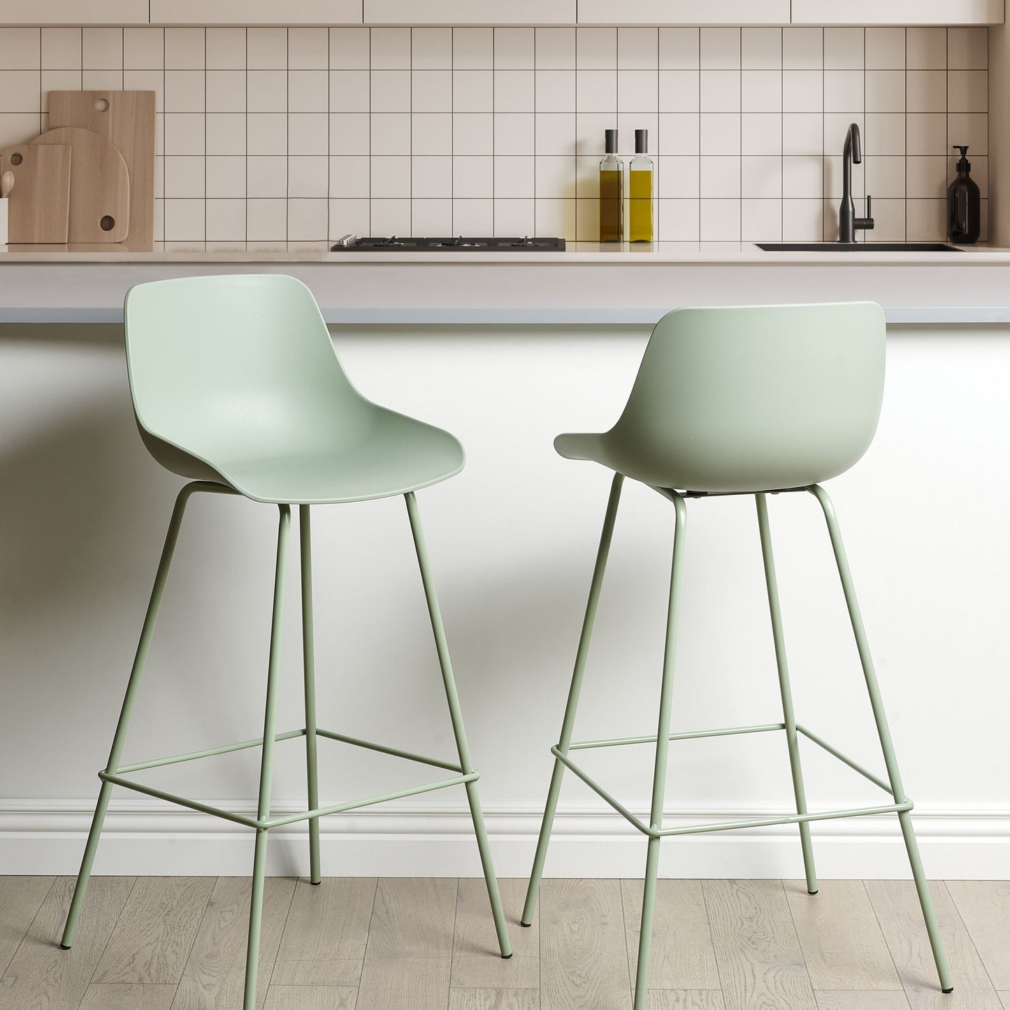 Set Of 2 Bar Chairs Light Green Plastic Seats Matte Finish With Metal Legs Counter Height Stools