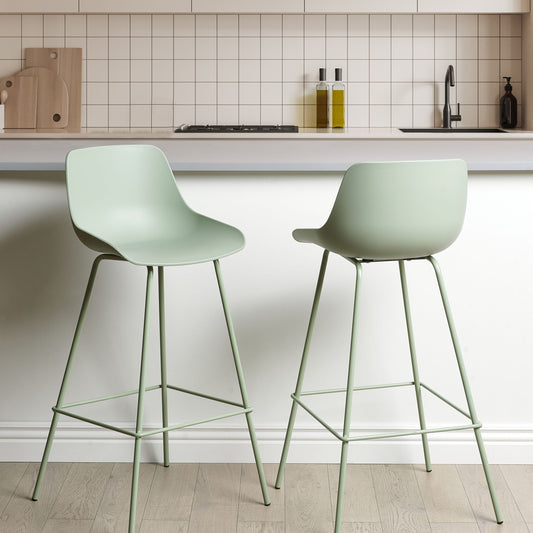Set Of 2 Bar Chairs Light Green Plastic Seats Matte Finish With Metal Legs Counter Height Stools