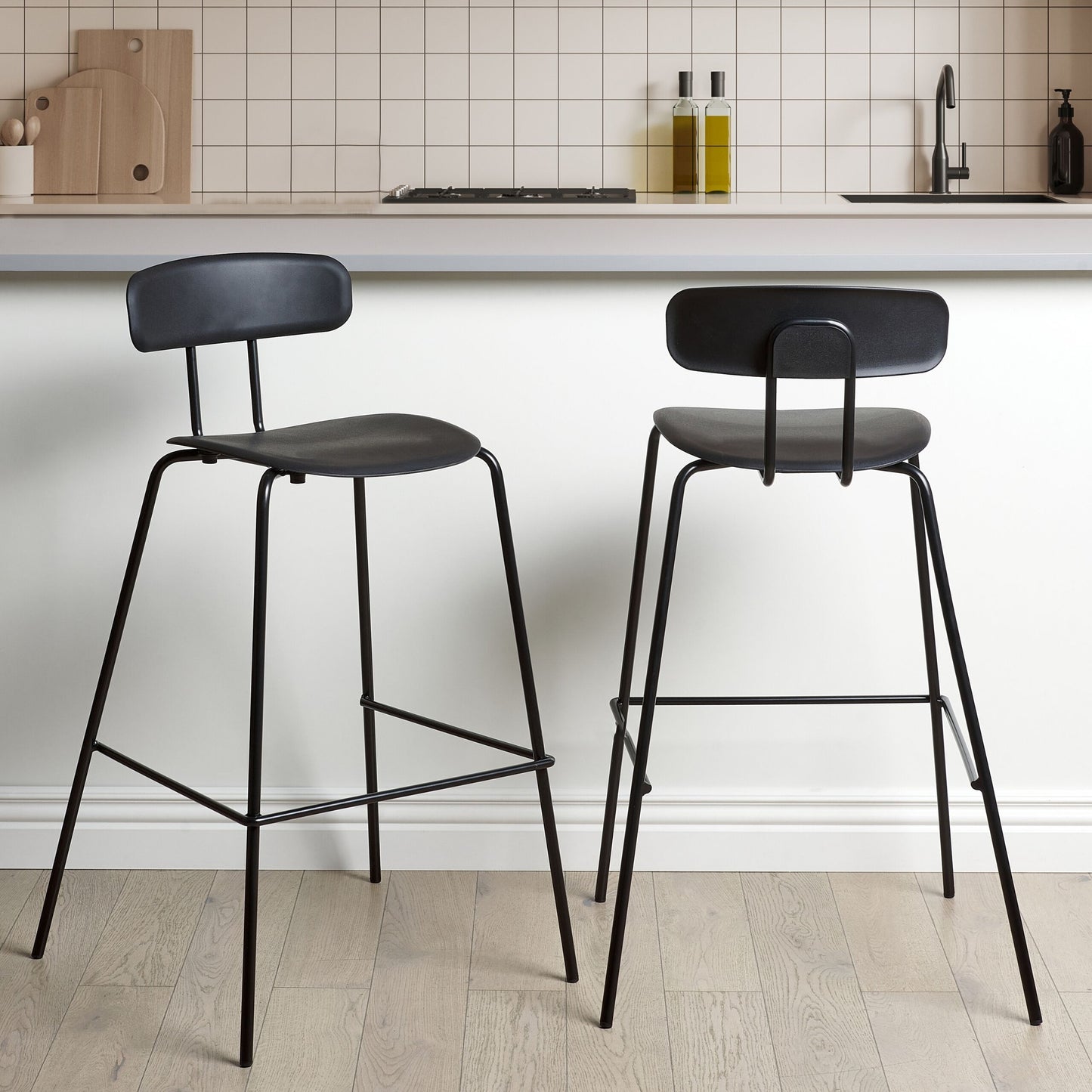 Set of 2 Black Plastic Seat Counter Bar Stools Metal Legs