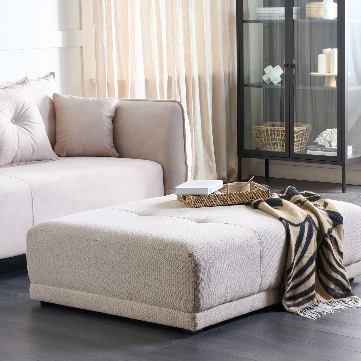 Luxe Ottoman Beige Fabric Upholstery 1 Seater Modern Traditional Living Room