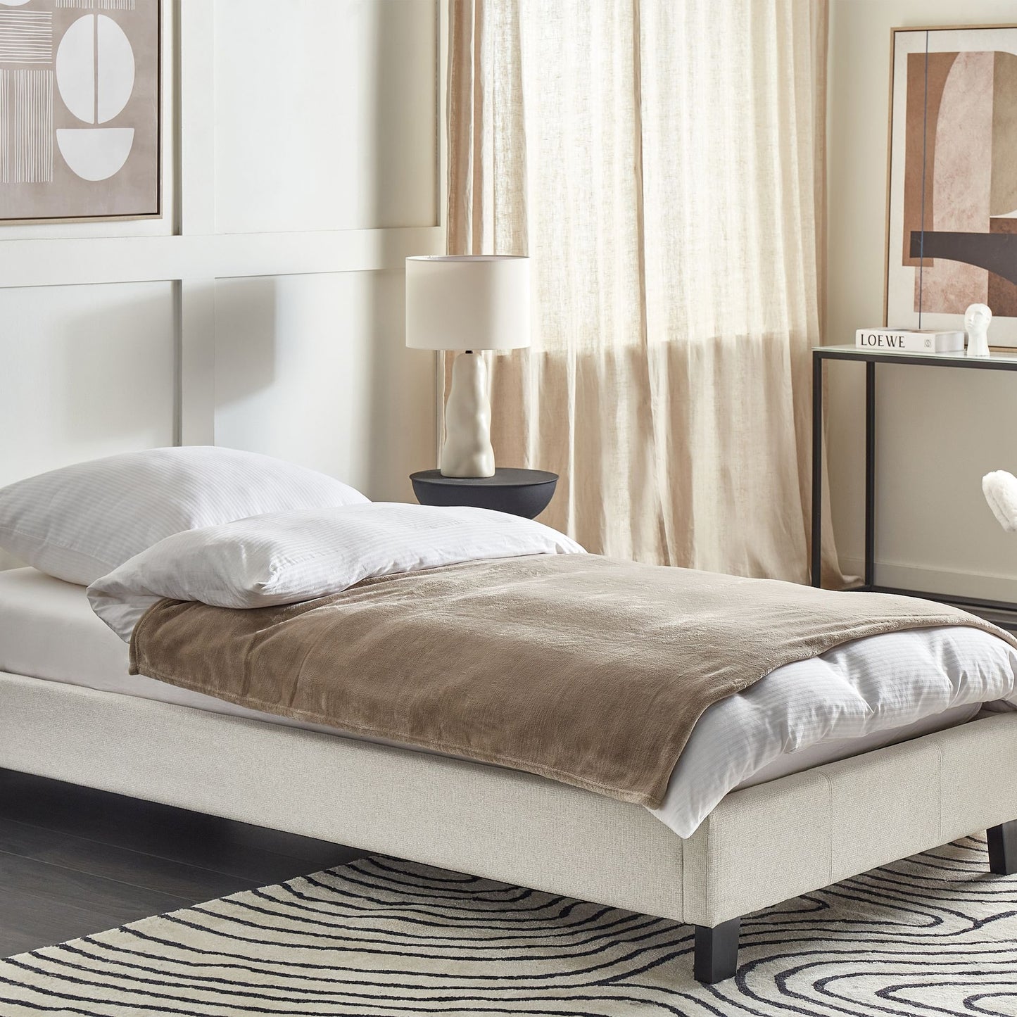 EU Single Size Bed 3ft Light Beige Fabric Slatted Frame No Headboard