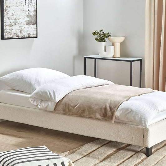 EU Single Size Bed 3ft Light Beige Boucle Slatted Frame Without Headboard