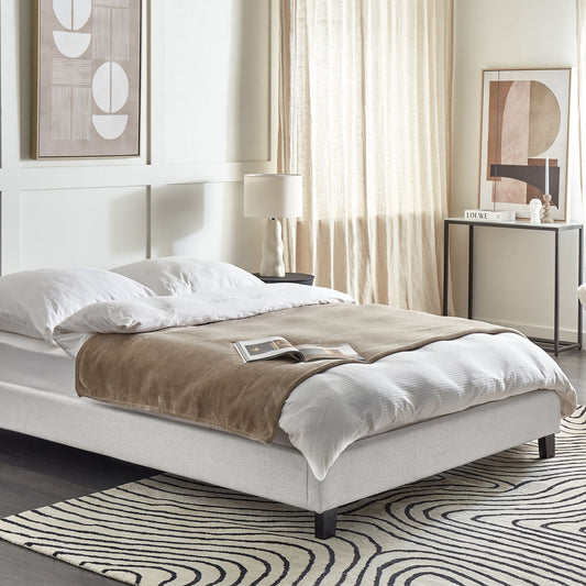 EU Double Size Bed 4ft6 Light Grey Fabric Slatted Frame Without Headboard Modern Minimalist Design