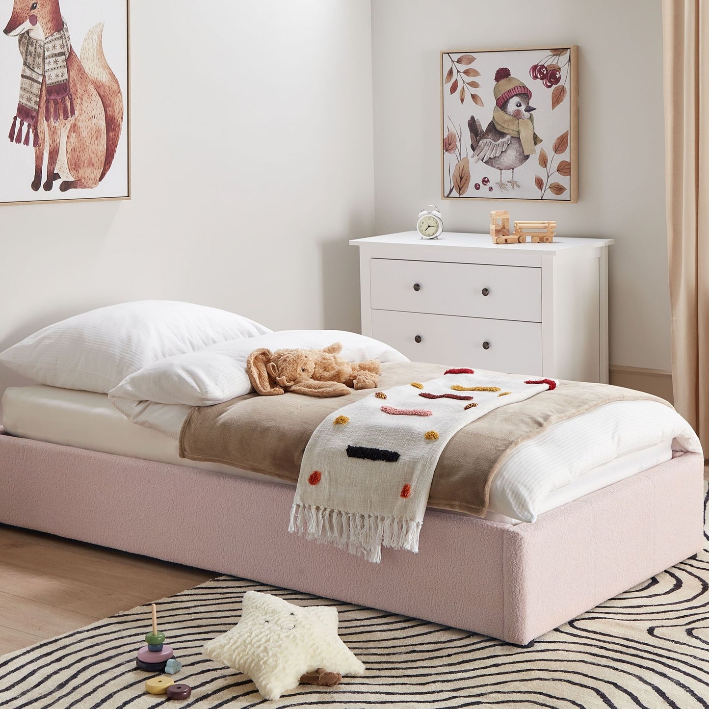 Slatted Bed Frame Pink Boucle Upholstered Ottoman Storage 3Ft EU Single
